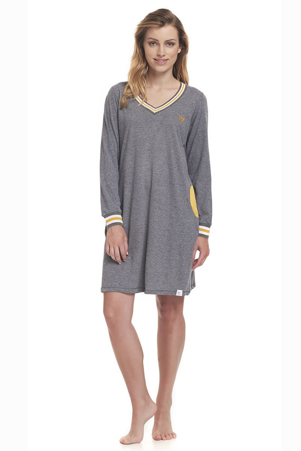 Сорочка с желтыми полосами на воротнике, манжетах и карманах (Размер: S) (Цвет: серый)