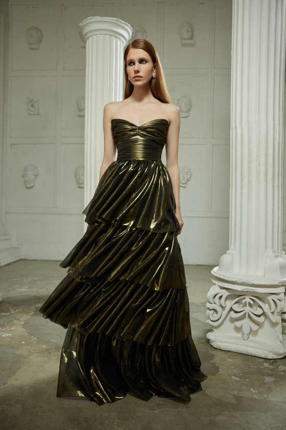 Платье макси из шифона драпированное с многоярусной юбкой