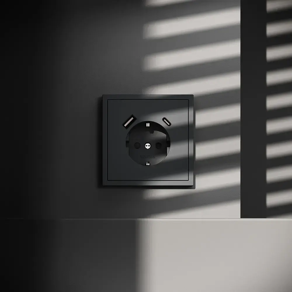 Розетка встраиваемая VOLTUM S70 с заземлением и защитными шторками, 16А, с USB, A+С, (графит)