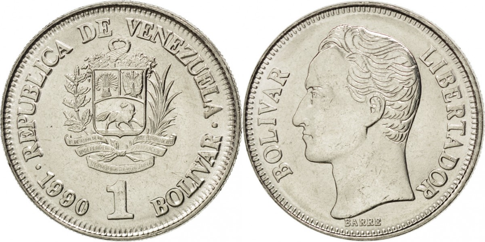 Венесуэла 1 боливар, 1989-1990 Симон Боливар XF