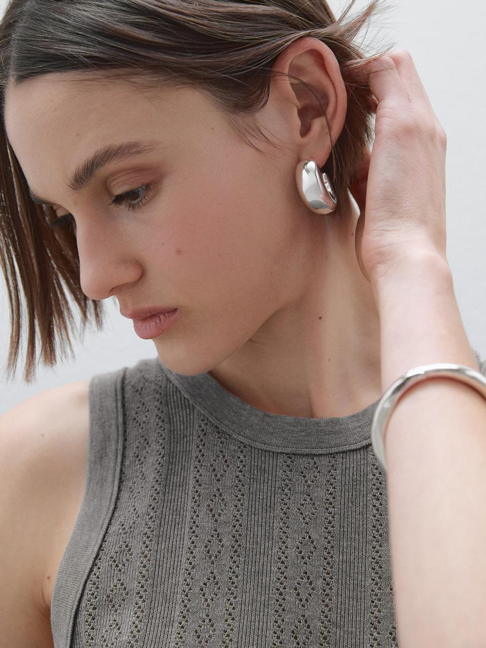 Massimo Dutti Топ из ажурной ткани с круглым вырезом, серый