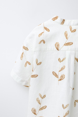 ZARA РУБАШКА С ВОРОТНИКОМ-СТОЙКОЙ И ПРИНТОМ «ЛИСТЬЯ», СВЕТЛО-БЕЖЕЫЙ