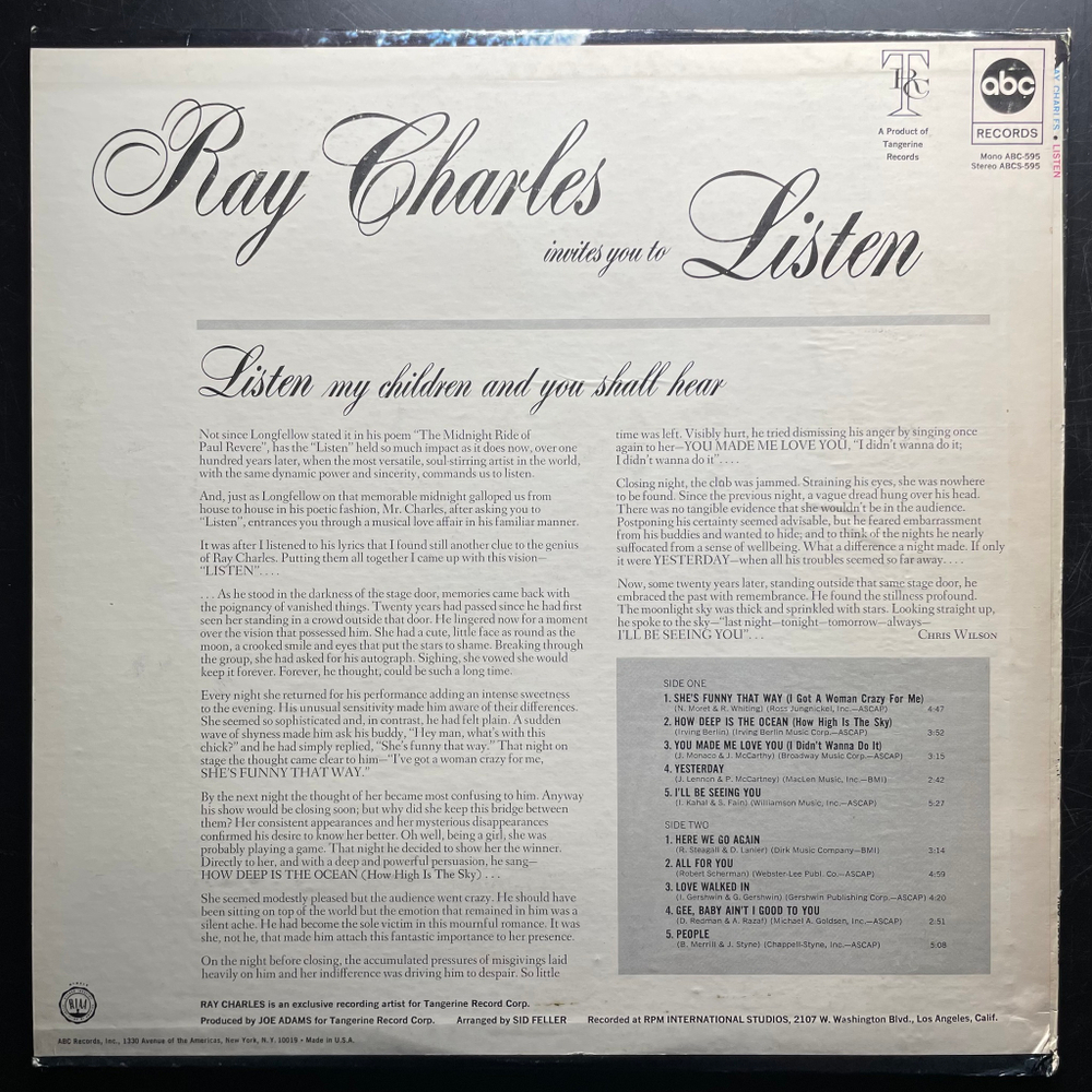 Ray Charles ‎– Invites You To Listen (США 1967г.)