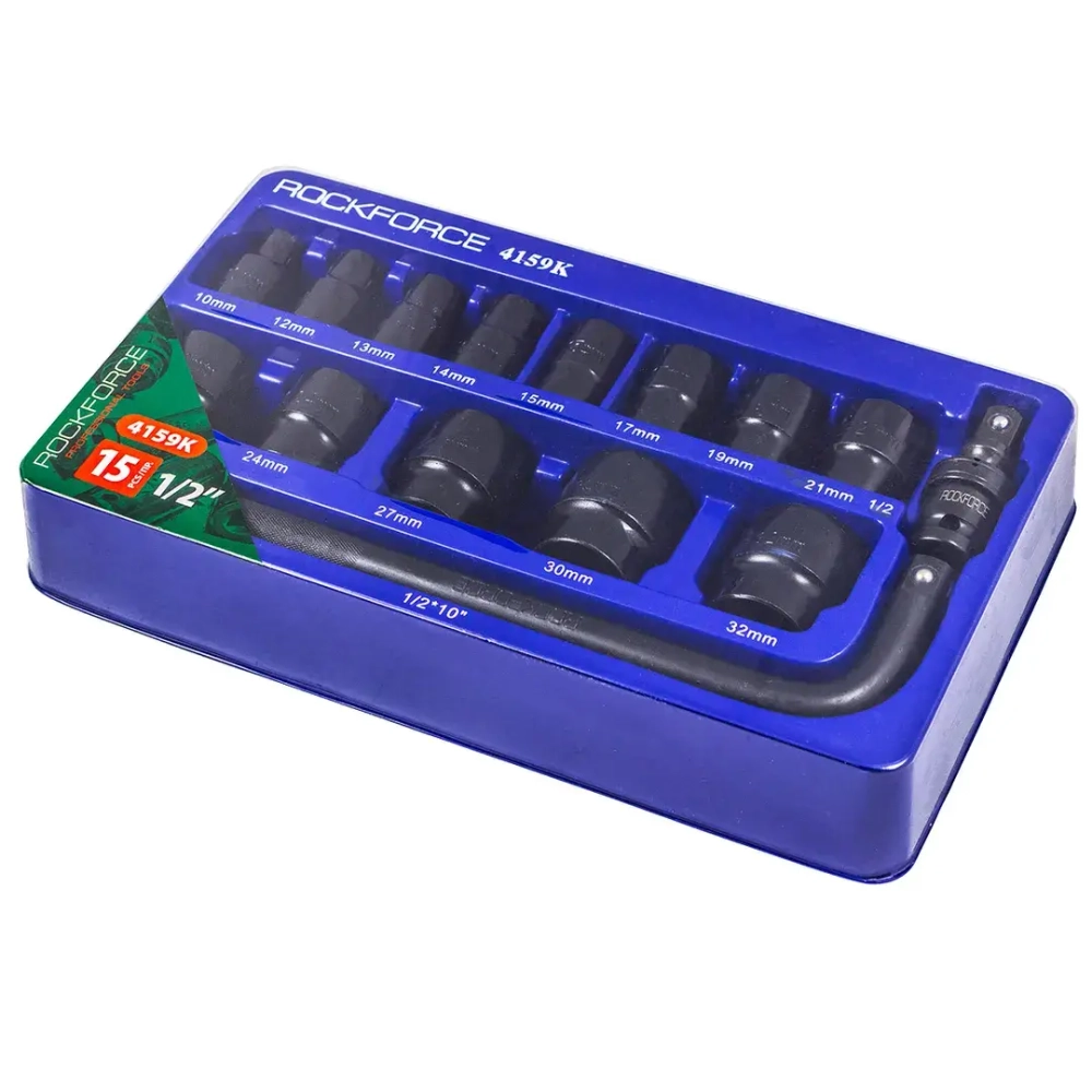 Набор головок ударных 15пр. 1/2''(6-гр.) (10,12, 13, 14, 15, 17, 19, 21, 22, 24, 27, 30, 32мм) в ложементе RockForce RF-4159K