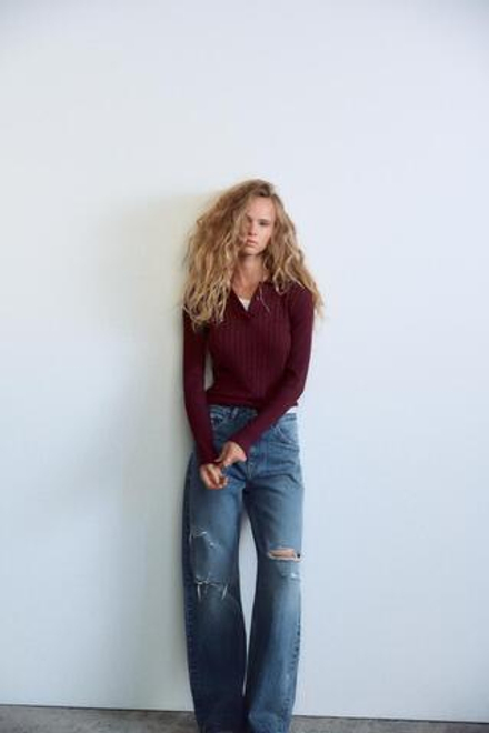 ZARA ТОП ПОЛО С УЗОРОМ «КОСЫ», ТЕМНО-БОРДОВЫЙ