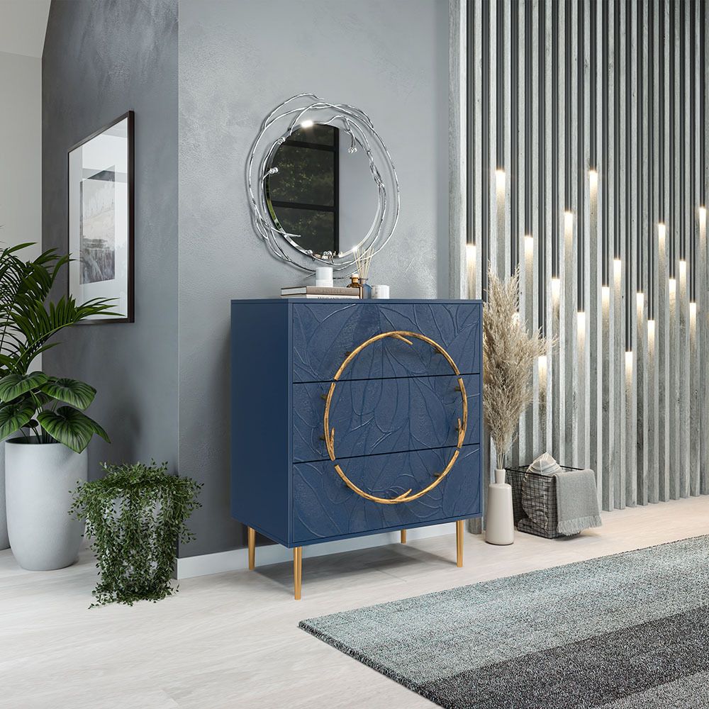 Комод Арт Колор leaves Стайл Голд с 3 ящиками Королевский синий