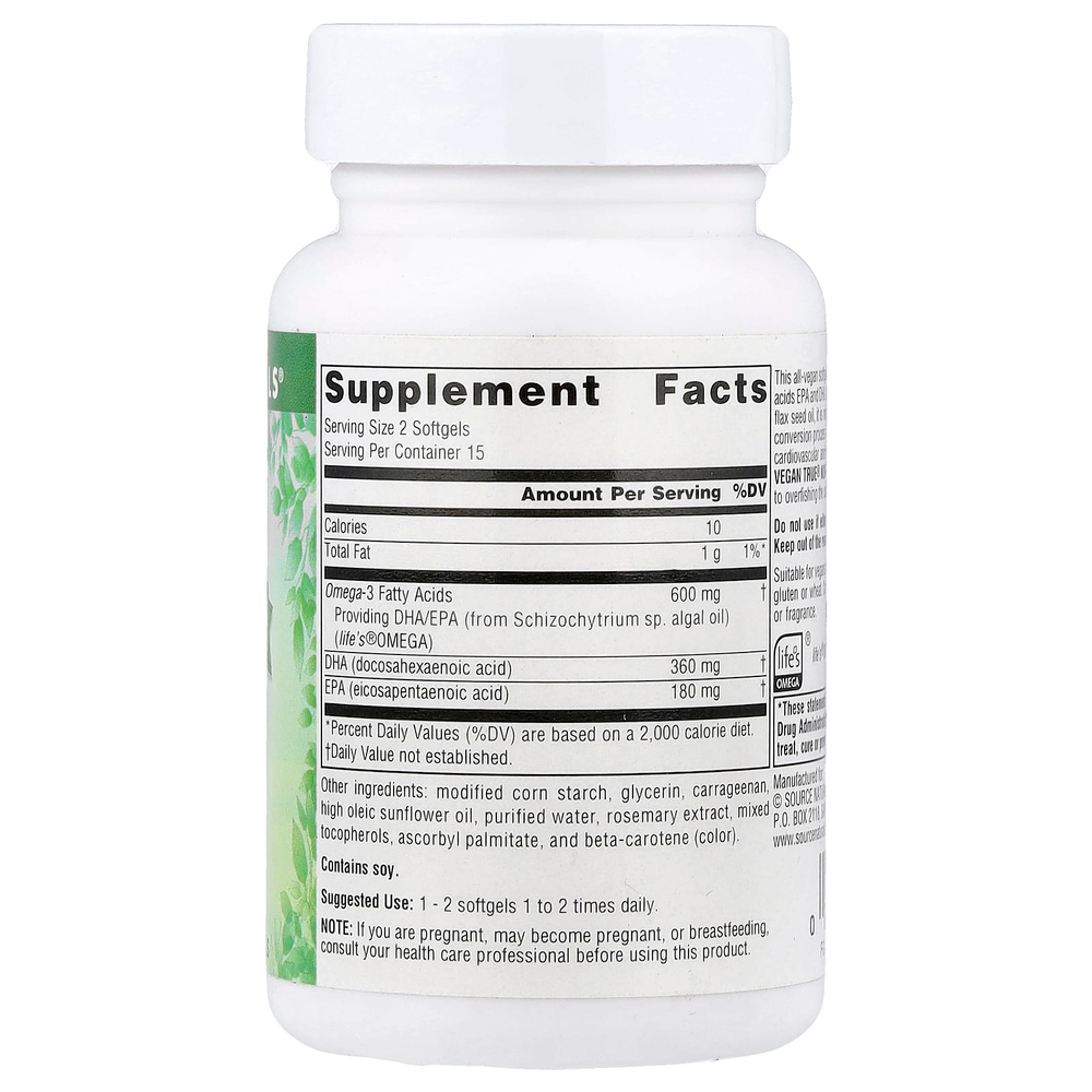 Source Naturals, Vegan True®, омега-3 не из рыбы, 300 мг, 30 веганских капсул