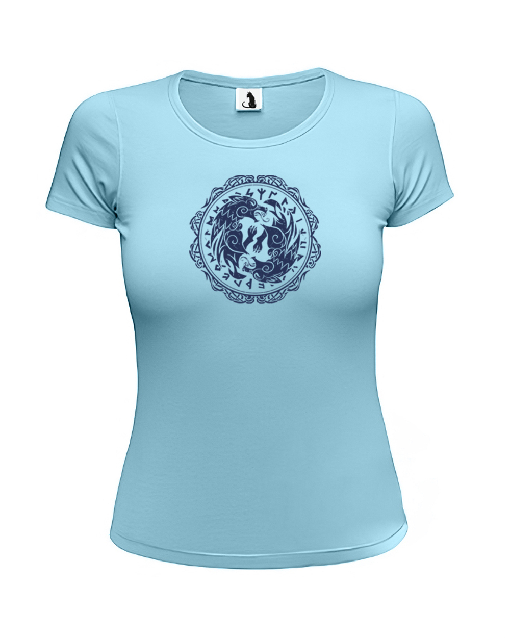 Скандинавская футболка с волком и рунами женская приталенная голубая с синим рисунком