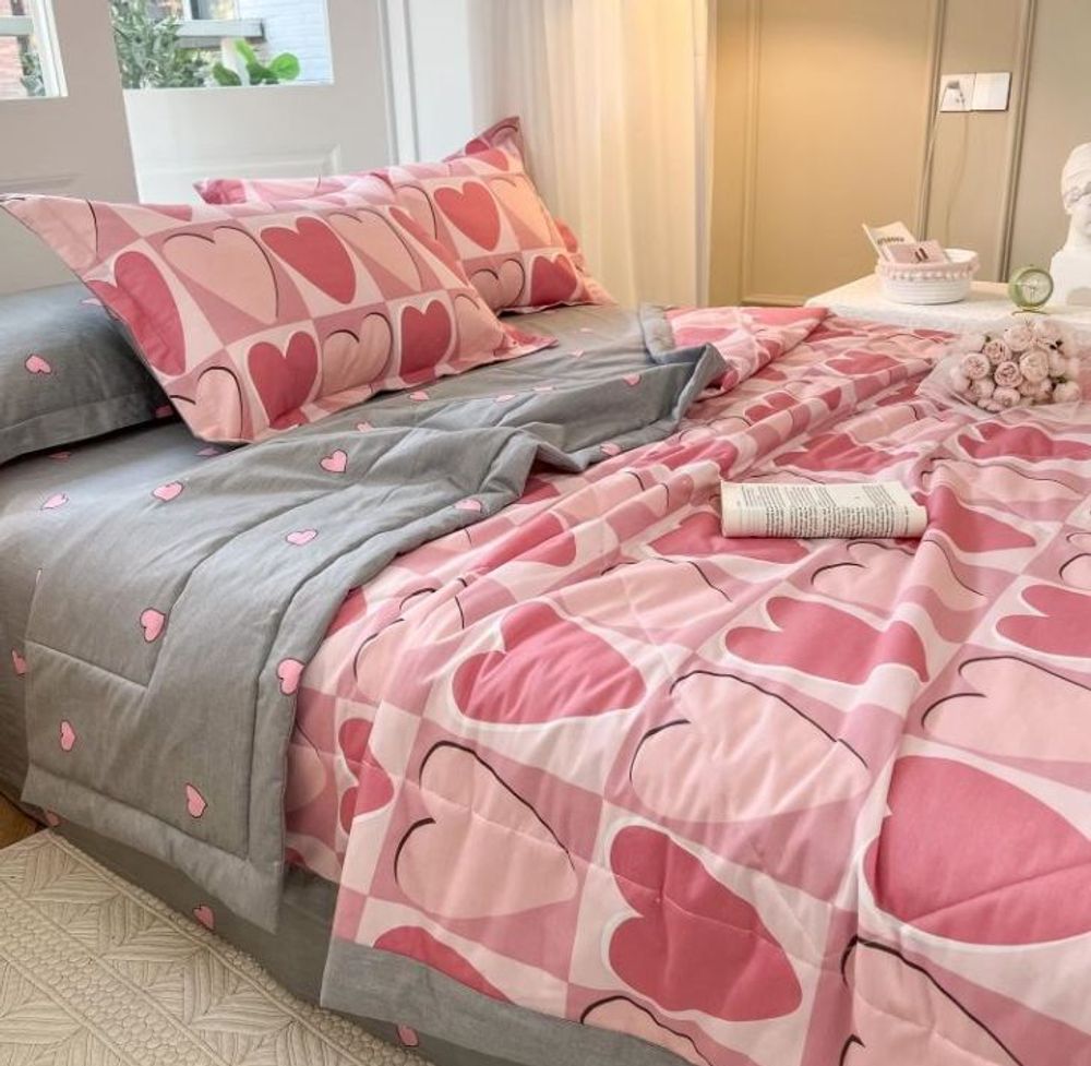 ZEPHYR HOME КПБ Полуторка с одеялом, Розовый сердечки