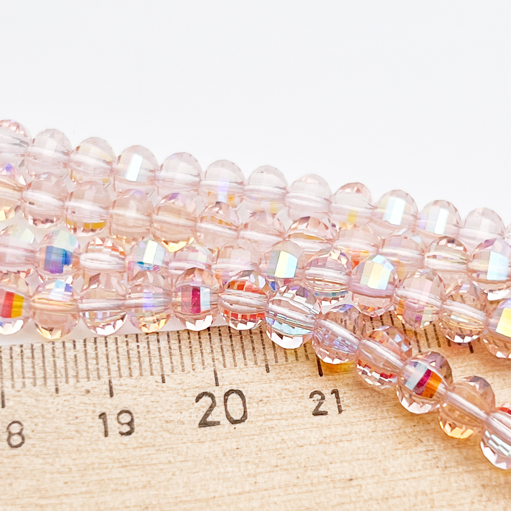 Бусины стекло, цвет розовый AB, размер 4,5*6 мм, цена за отрезок 19 см (1/2 нити)