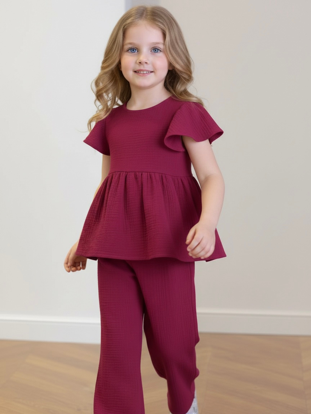 Костюм из муслина топ с крылышками и брюки «Брусника»