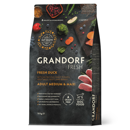Беззерновой корм с живыми пробиотиками GRANDORF Fresh Dog Adult MED&MAXI Duck&Sweet Potato cвежее мясо утки с бататом 10 кг