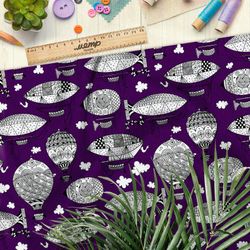 Ткань барби эскизы дирижаблей и воздушных шаров на сиреневом фоне