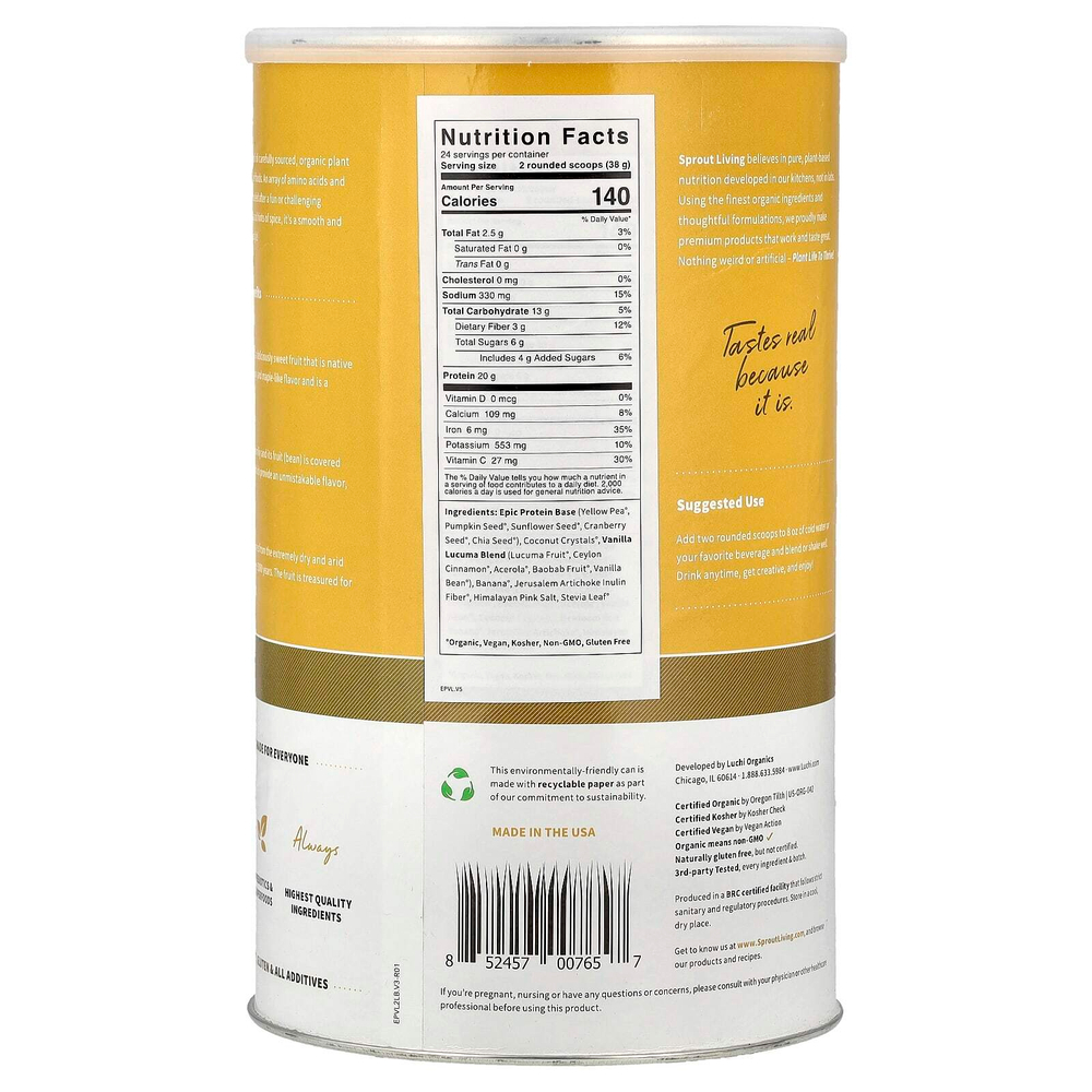Sprout Living, Epic Protein®, органический растительный протеин и суперпродукты, ваниль и лукума, 912 г (2 фунта)