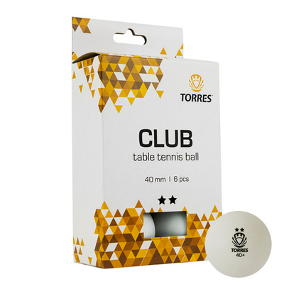 Мяч для настольного тенниса TORRES Club 2*, TT21014, диам. 40 мм, упак. 6 шт, белый