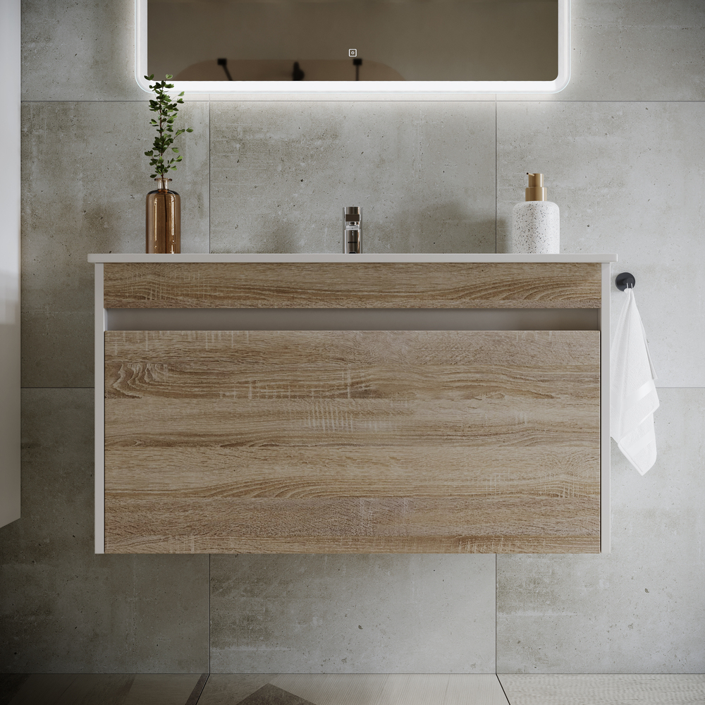 Тумба подвесная под раковину Sancos Smart, дуб бардолино/белый 890х450х500