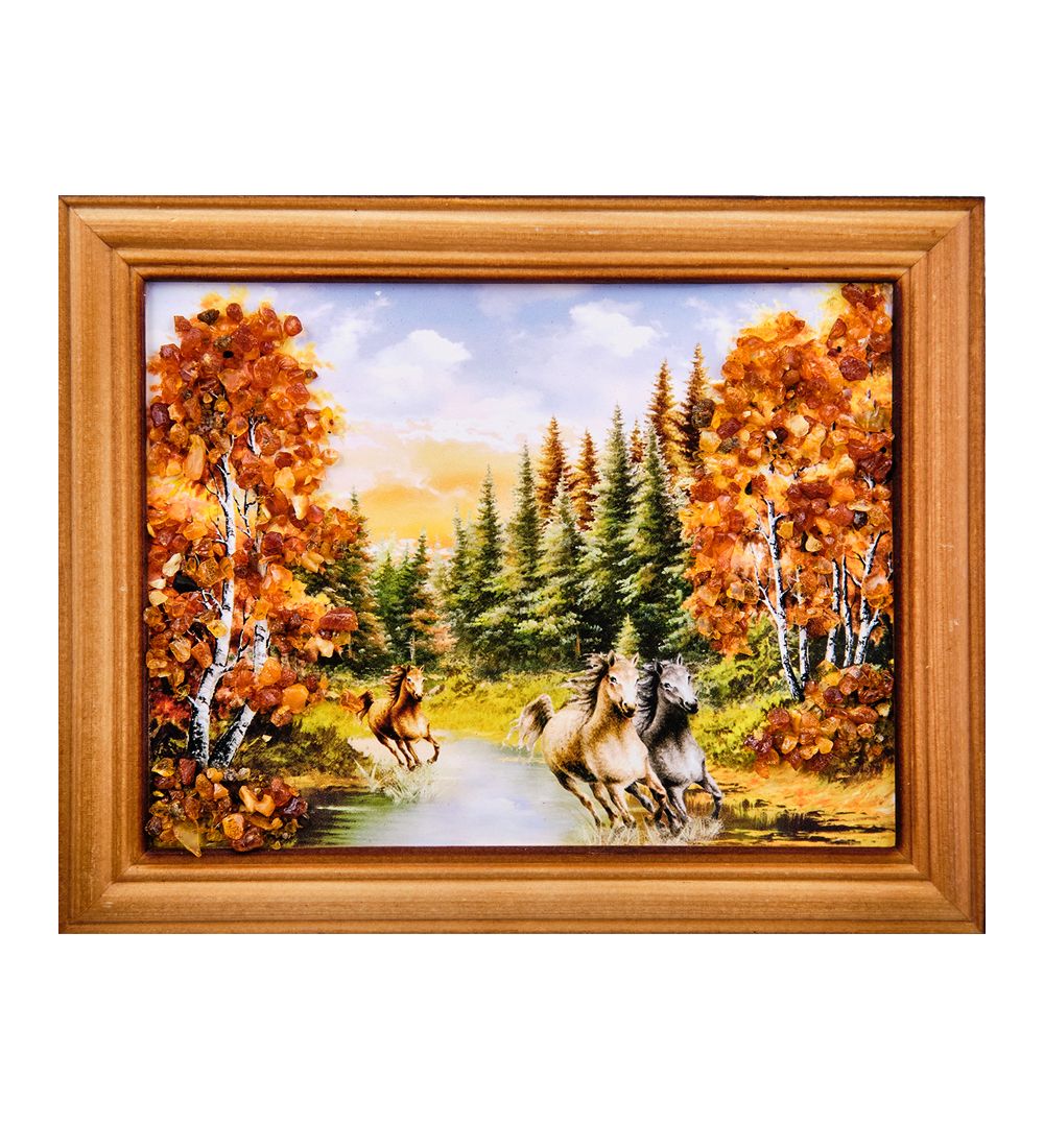 AMB-74/58 Картина «Лошади» (с янтарной крошкой) дер.краш.рамка 12х15