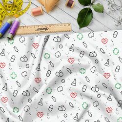 Ткань шелк Армани мелкий врачебный инвентарь на белом фоне