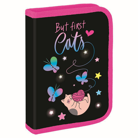 Пенал BRAUBERG с наполнением, 1 отделение, 1 откидная планка, 24 предмета, 21х14 см, "Cats first", 271525