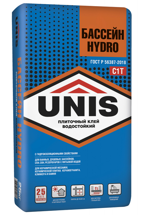 Клей UNIS Бассейн HYDRO С1Т усиленный с гидроизоляционными свойствами 25 кг