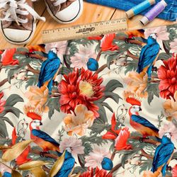 Ткань премиум шелк искусственный Армани экзотические птицы