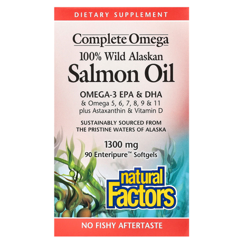 Natural Factors, Complete Omega, 100% жир дикого аляскинского лосося, 1300 мг, 90 капсул Enteripure™