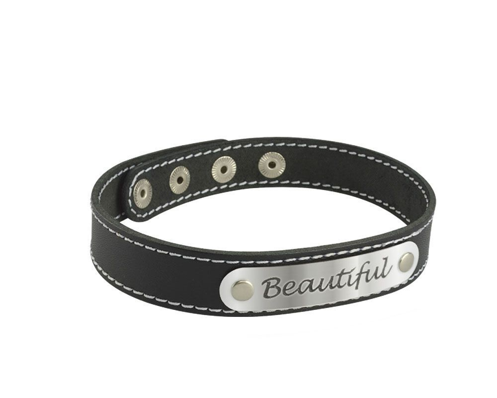 Черный чокер с белой строчкой Beautiful (Цвет: черный с серебристым)