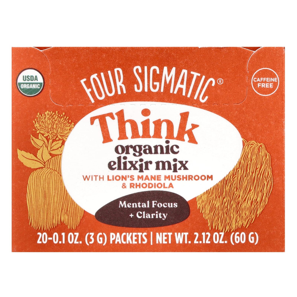 Four Sigmatic, Think, органическая смесь эликсира с грибом ежовиком гребенчатым и родиолой, без кофеина, 20 пакетиков по 3 г (0,1 унции)
