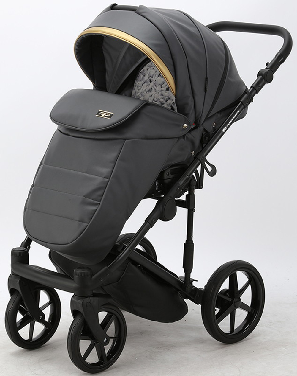 Детская коляска Adamex Rimini Deluxe 2 в 1 RI210 Т.СЕР.КОЖА+ЗОЛОТО.ОТДЕЛКА