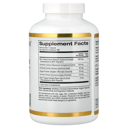 California Gold Nutrition, комплекс с силимарином с экстрактом расторопши, а также одуванчиком, артишоком, имбирем и BioPerine®, 360 растительных капсул