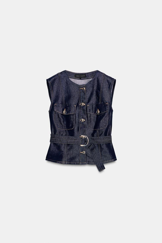 ZARA ДЖИНСОВЫЙ ЖИЛЕТ Z1975 С ПОЯСОМ, СИНИЙ
