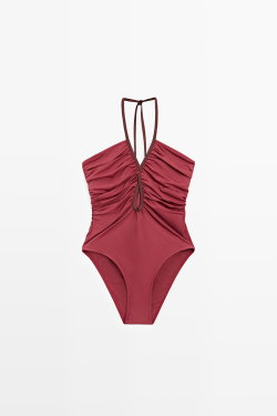 Massimo Dutti Купальник с контрастной отделкой и сборками, розовый