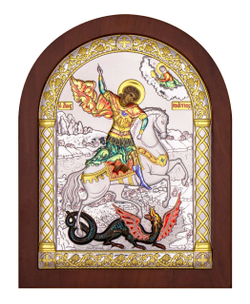 Георгий Победоносец, икона арочная, красное дерево, эмаль 150х200