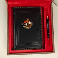 Ежедневник А5 "Георгий Победоносец" (обложка из натуральной кожи) с росписью Палех и ручкой в футляре