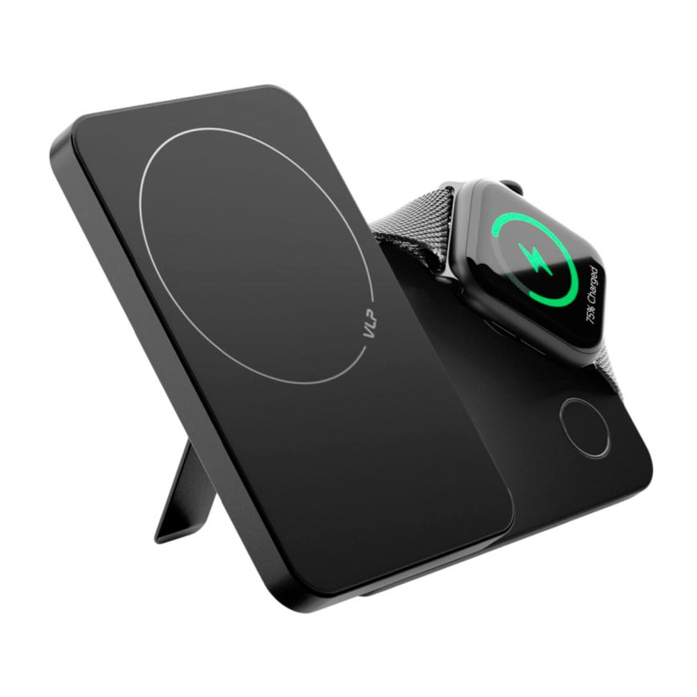 Внешний аккумулятор MagSafe с подставкой VLP Diamond Energy Pro (Qi2) (5000 мА·ч) Беспроводная зарядка: Qi 15 Вт, магнитное крепление для зарядки Apple Watch (Qi 2,5 Вт). Проводная зарядка: USB-C. Есть виджет на iOS, LED-индикация, поддержка PD 3.0, QC 3.