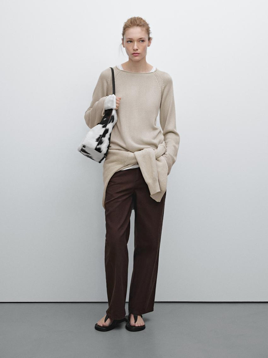 Massimo Dutti Ажурный свитер платочной вязки, песочный