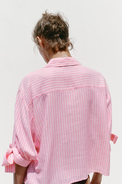 ZARA РУБАШКА ИЗ СМЕСОВОГО ЛЬНА, РОЗОВЫЙ/БЕЛЫЙ