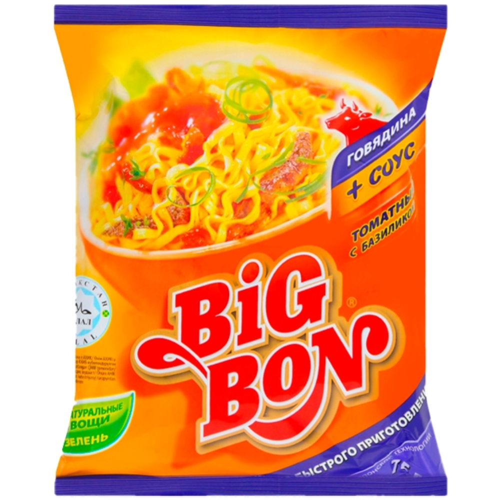 Лапша Big Bon Говядина+соус томатный с базиликом 75 гр
