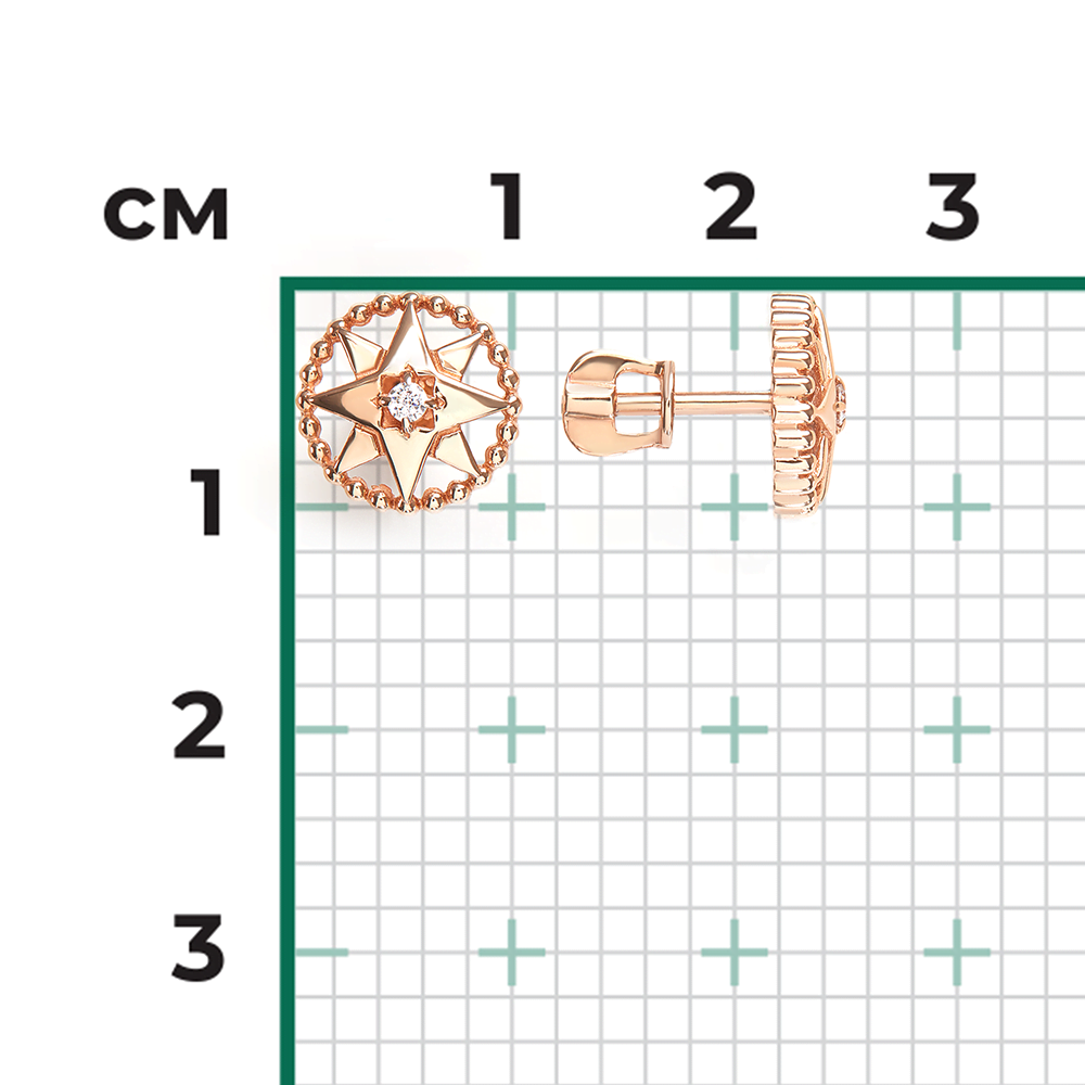 Серьги-пусеты «Роза ветров» из красного золота с фианитом