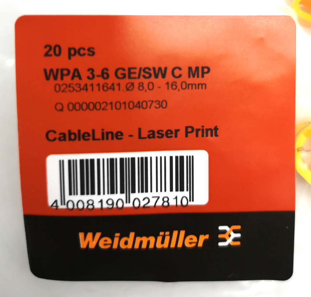Маркер кабельный сеч.8-16мм Weidmuller WPA 3-6 GE/SW C MP  (20 шт.) 0253411641 PA. 3-6