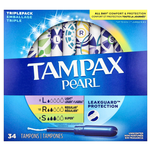 Tampax, Pearl тампоны, тройная упаковка, легкий / обычный / супер, без запаха, 34 тампона