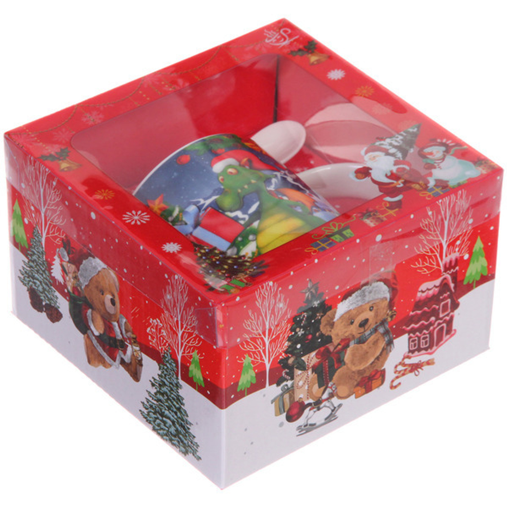 Кружка керамическая 370мл «Дракончик с подарком» с ложкой в подарочной коробке