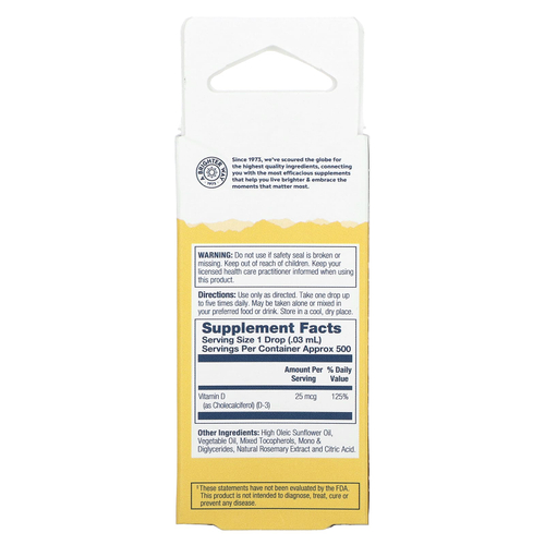 Solaray, Витамин D3 в подсолнечном масле, без добавок, 25 мкг, 14,8 мл (0,5 жидк. унц.)