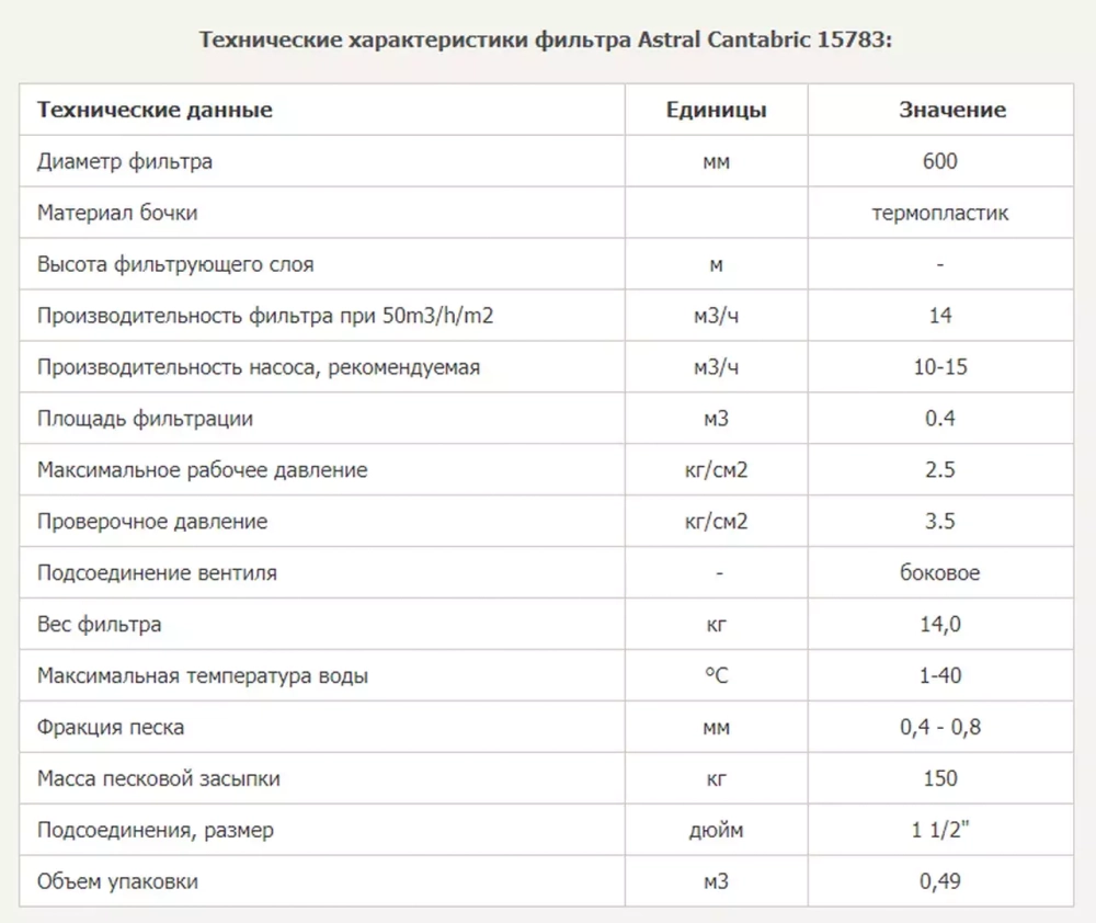 Фильтр песочный для бассейна - Ø600мм, 14 м³/ч, песок 150кг, боковой вентиль 1½" - Cantabric - 15783 - AstralPool, Испания