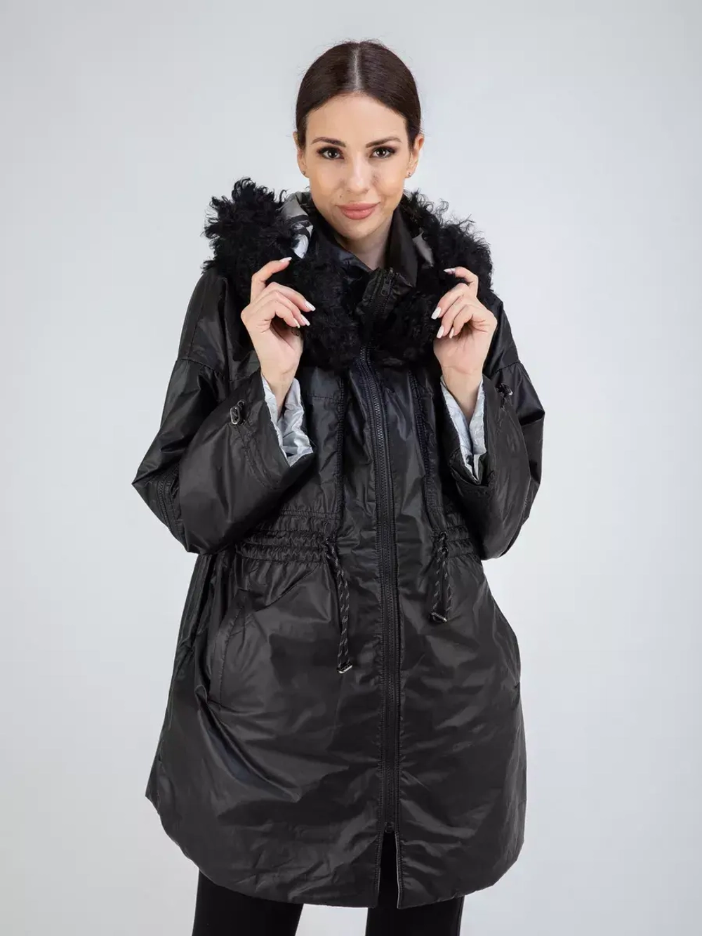 Плащ осенний с мехом оверсайз пальто двухсторонний