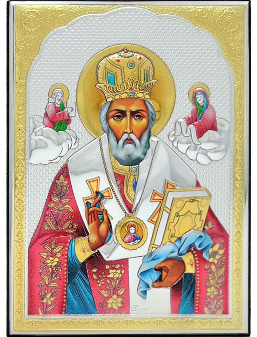 Николай Чудотворец с предстоящими. Икона в серебряном окладе.