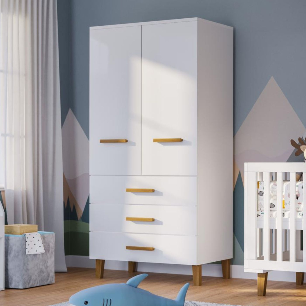 Шкаф 89х56х183, Чек, распашной для одежды, в детскую, спальню, прихожую, с дубовыми ручками и ножками, двухдверный, массив сосны, белый, Dipriz