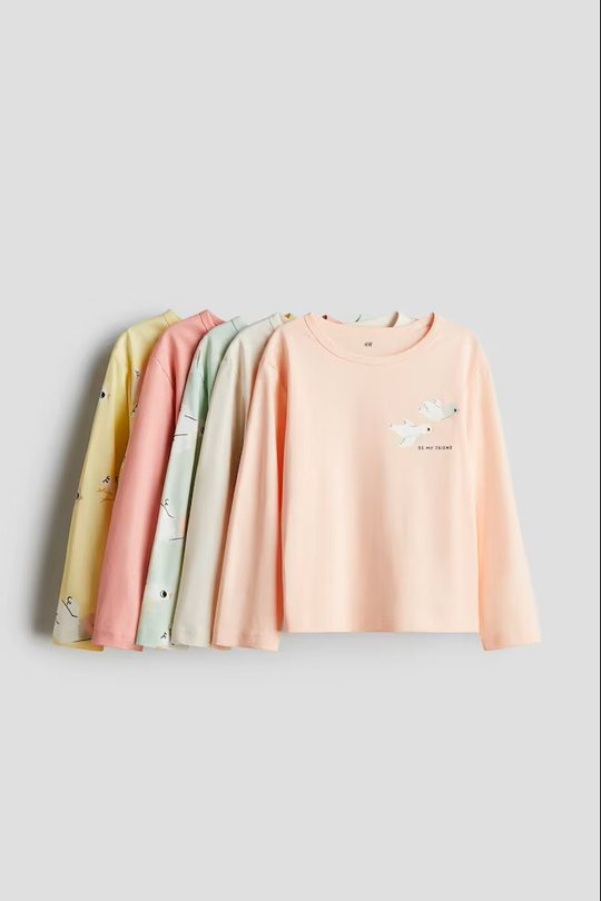 H&M Набор из пяти хлопковых футболок с длинными рукавами и принтом, персиковый