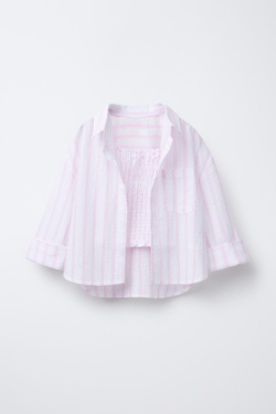 ZARA КОМПЛЕКТ ИЗ РУБАШКИ И ТОПА В ПОЛОСКУ, РОЗОВЫЙ/БЕЛЫЙ