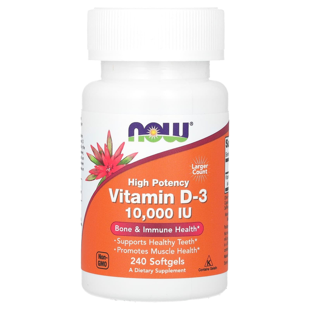 NOW Foods, витамин D3, высокоактивный, 10 000 МЕ, 240 капсул